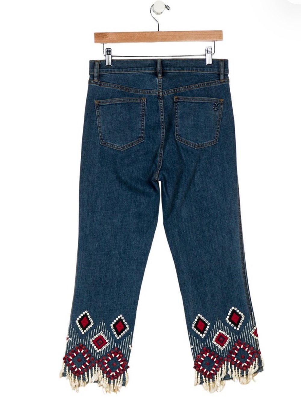 Tory Burch Dark Blue Straight-Leg Jeans with Red & Cream Embellished Hem - Picture 2 of 3
